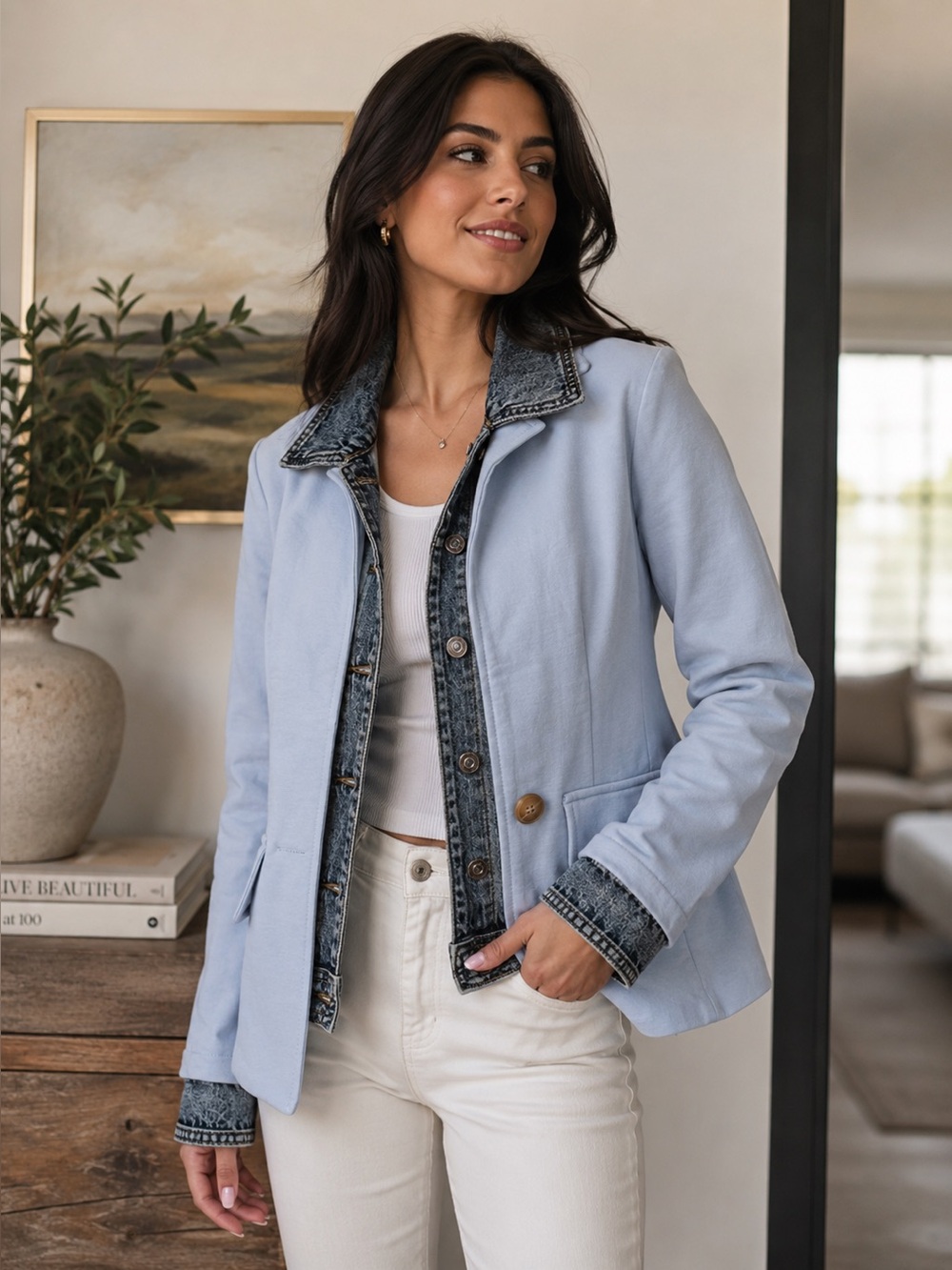 Six/Fifty Brand New Women's Light Blue Blazer with Denim Trim